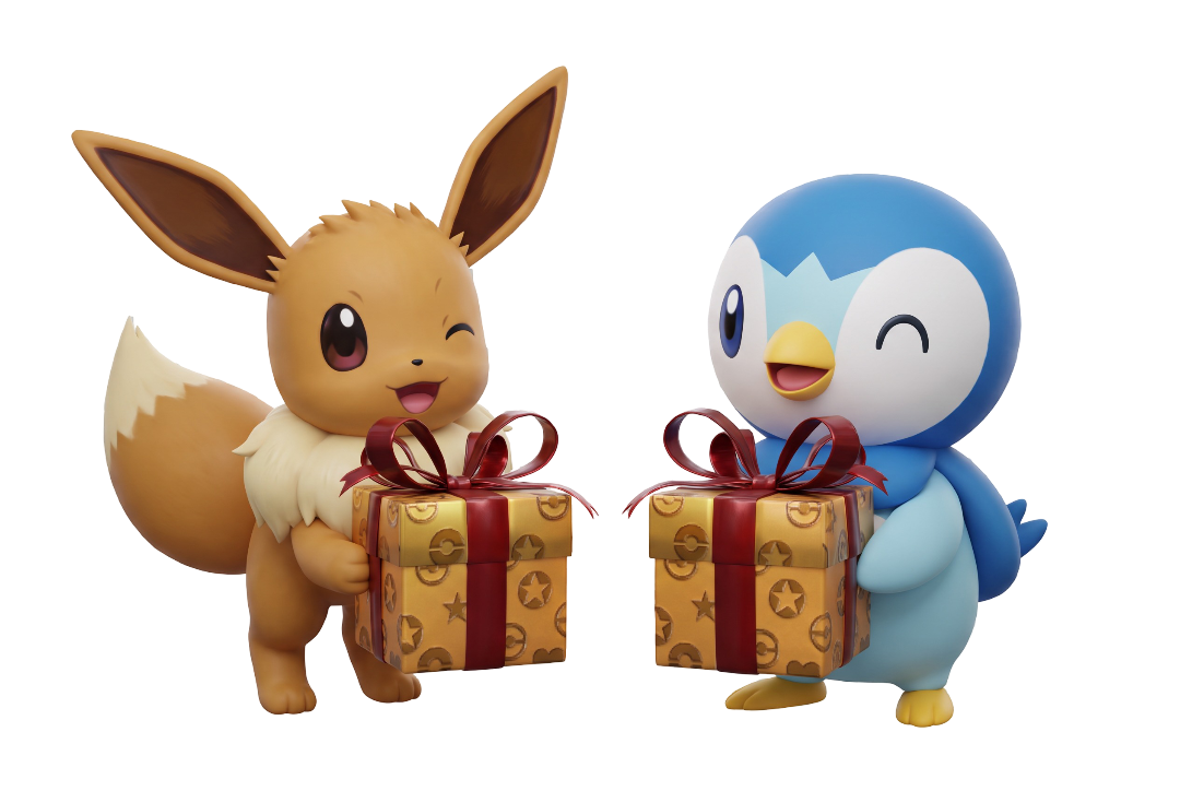 Ilustración decorativa de Eevee y Piplup con regalos